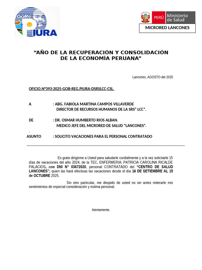 Vacaciones Patricia Ricalde Palacios 2025 | PDF