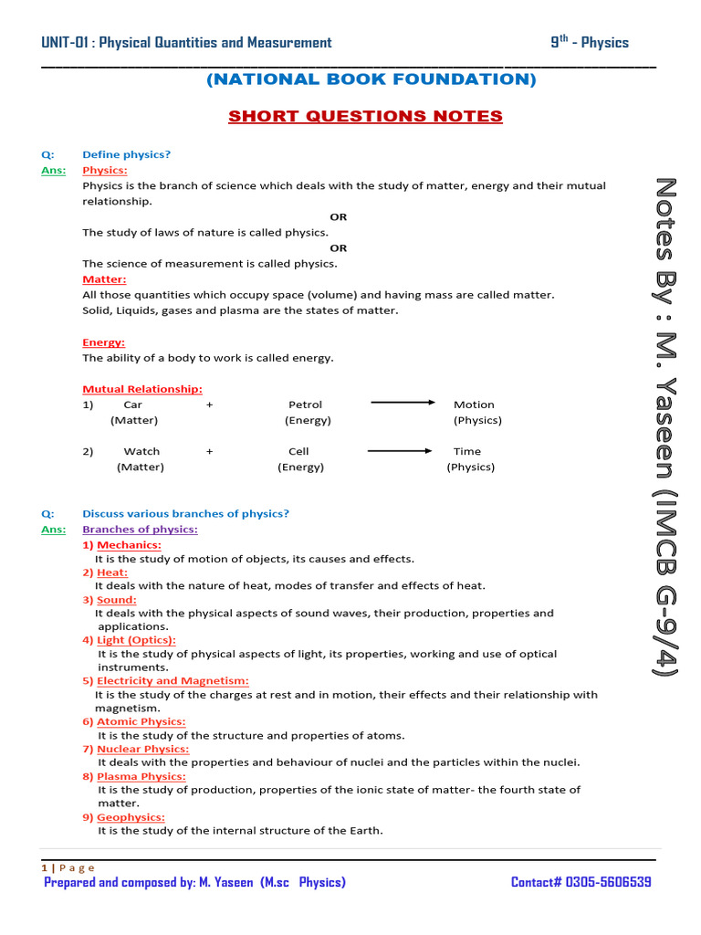 9th Physics Unit-01 Complete Notes(Conceptual - Numericals Questios ...