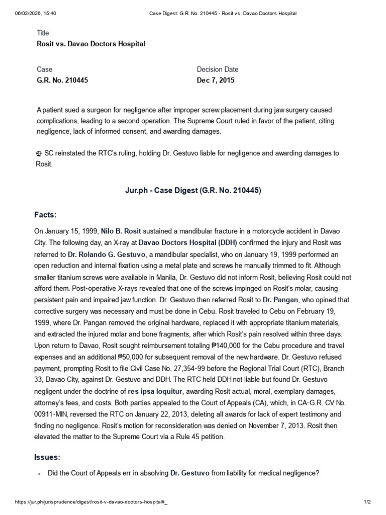 6.6 Case Digest - G.R. No. 210445 - Rosit vs. Davao Doctors Hospital ...