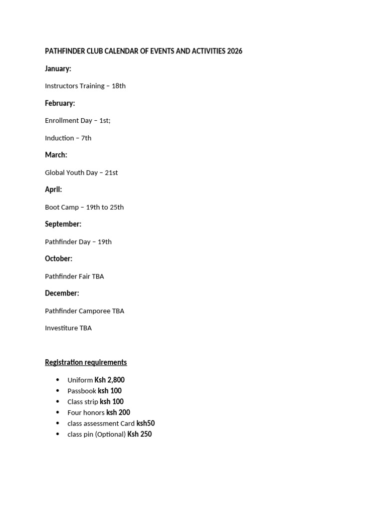 Pathfinder Club Calendar of Events and Activities 2026 | PDF