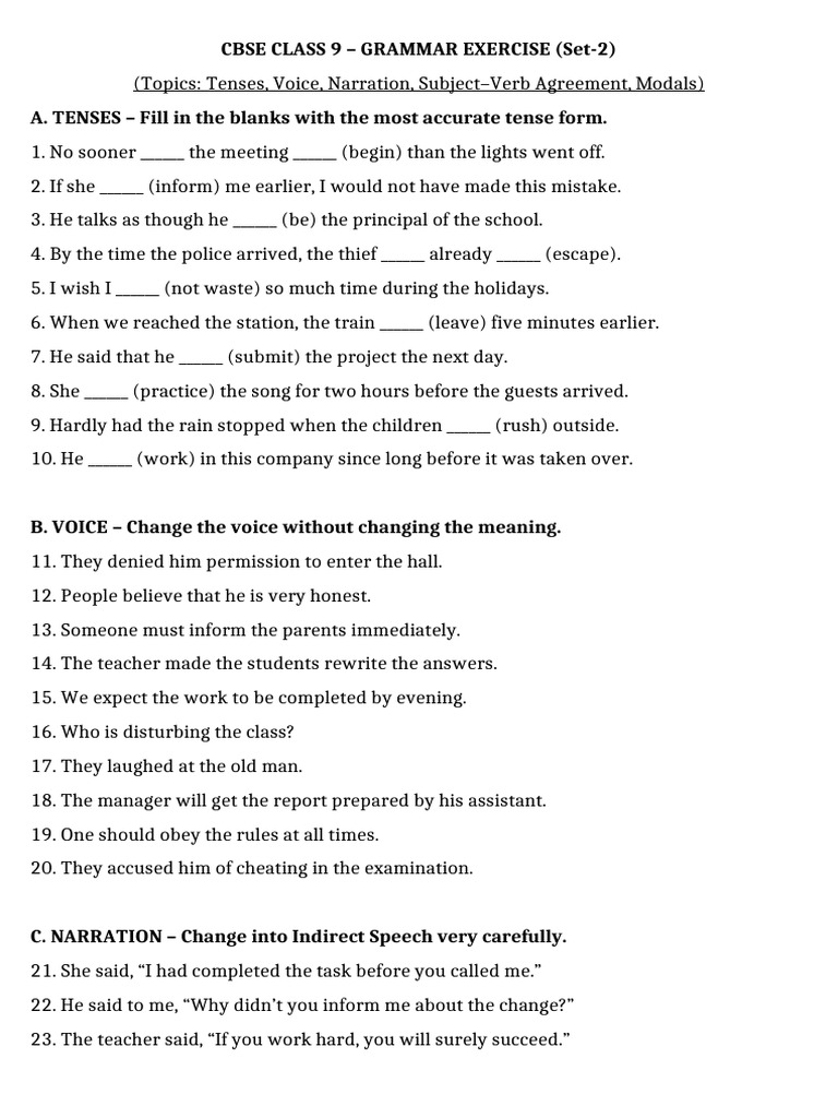 CBSE CLASS 9 Grammar Exercise 2 | PDF | Syntax | Linguistics