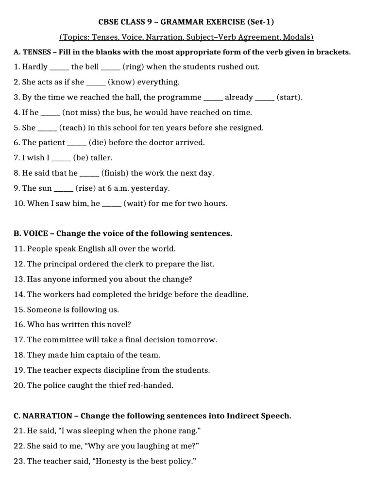 CBSE CLASS 9 Grammar Exercise 1 | PDF | Language Mechanics | Grammar