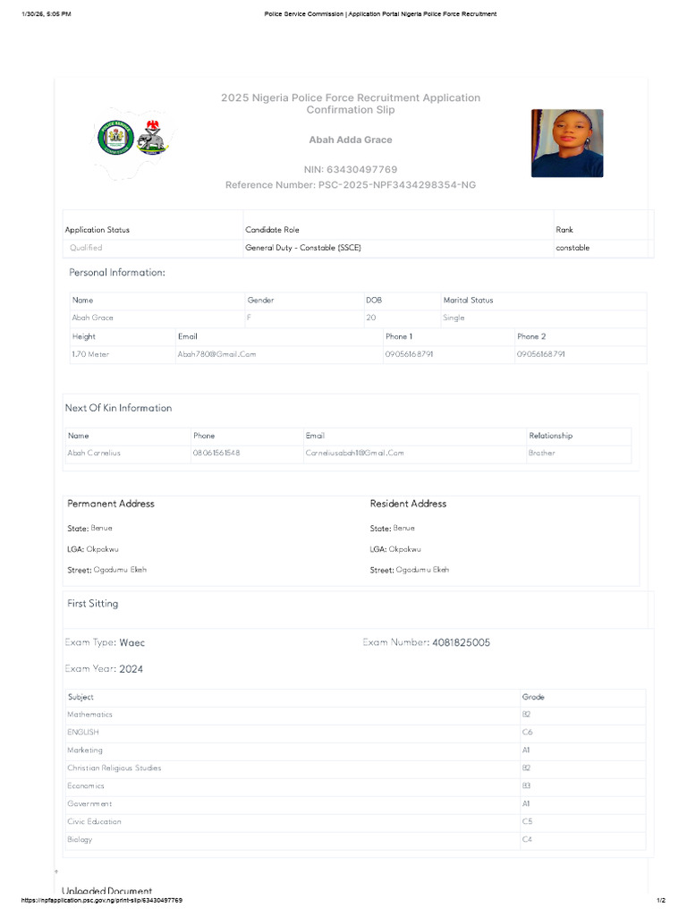 Grace Abah Police Form | PDF