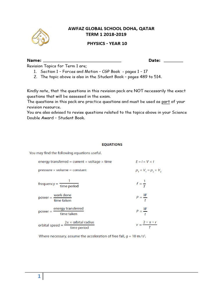 SCIENCE - Year 10 Revision Pack - Physics | PDF
