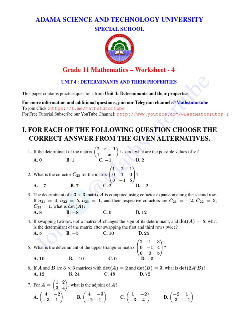 G11 Math Unit - 4 Work Sheet - 4@mathstutortube | PDF | Determinant ...