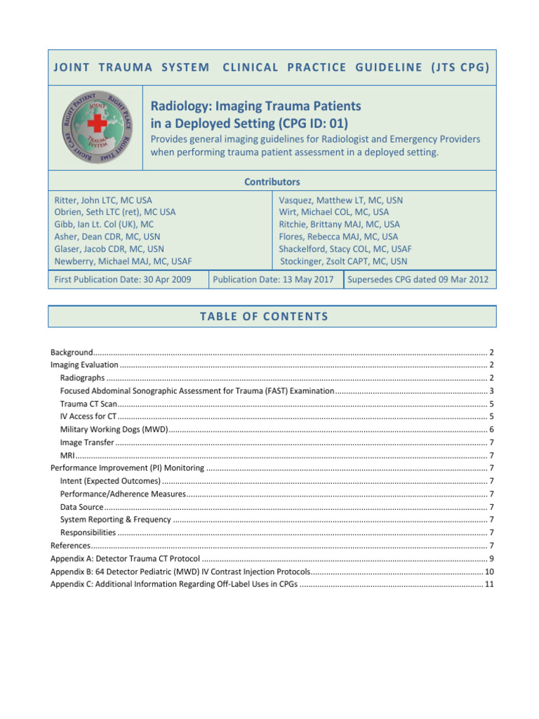 Radiology Imaging Trauma Patients in A Deployed Setting CPG en | PDF ...