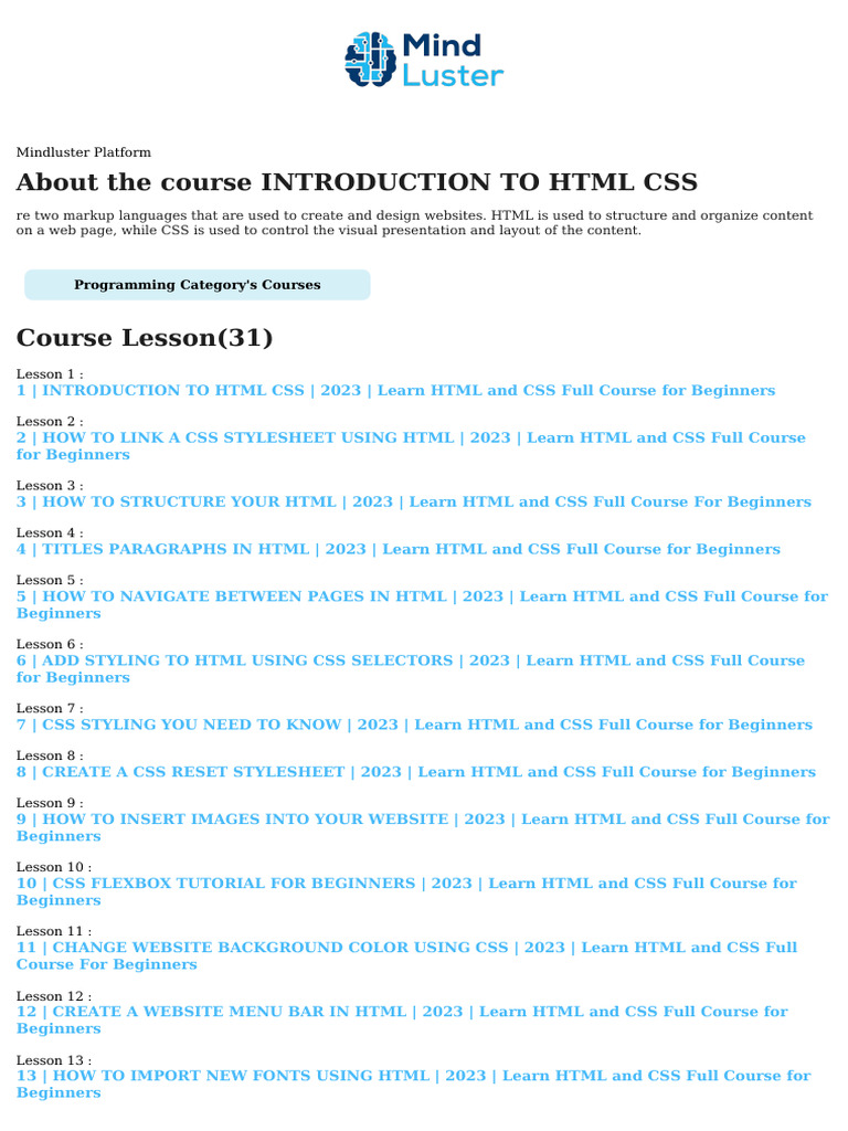 Introduction To HTML Css Course Content | PDF | Websites | Html