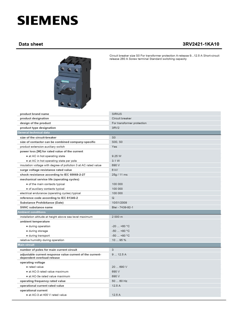 3RV24211KA10 Datasheet en | PDF | Alternating Current | Manufactured Goods