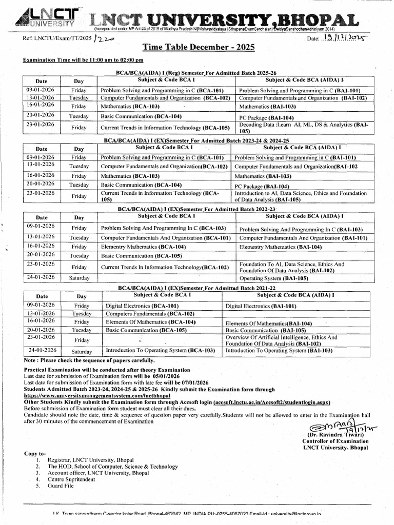 Bca I Sem Exam Time Table | PDF