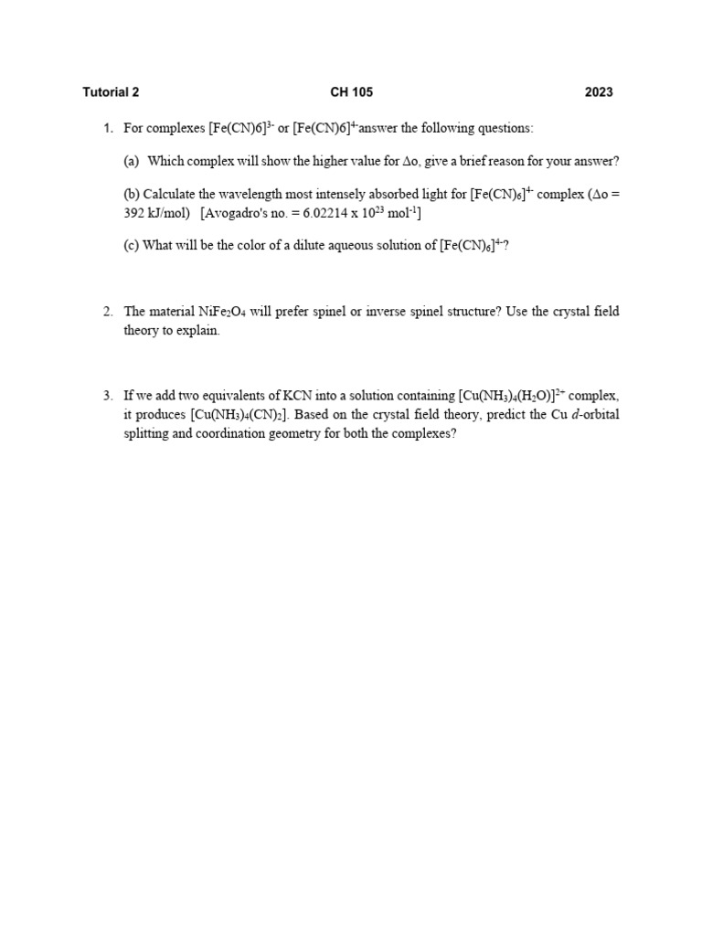 CH105 Tutorial 2 2023 Questions | PDF