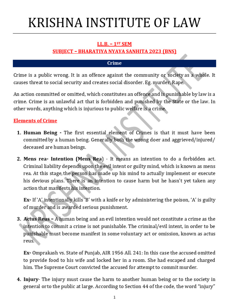 L-1st Sem (English Notes) Law of Crime BNS new 2024 | PDF | Aiding And ...