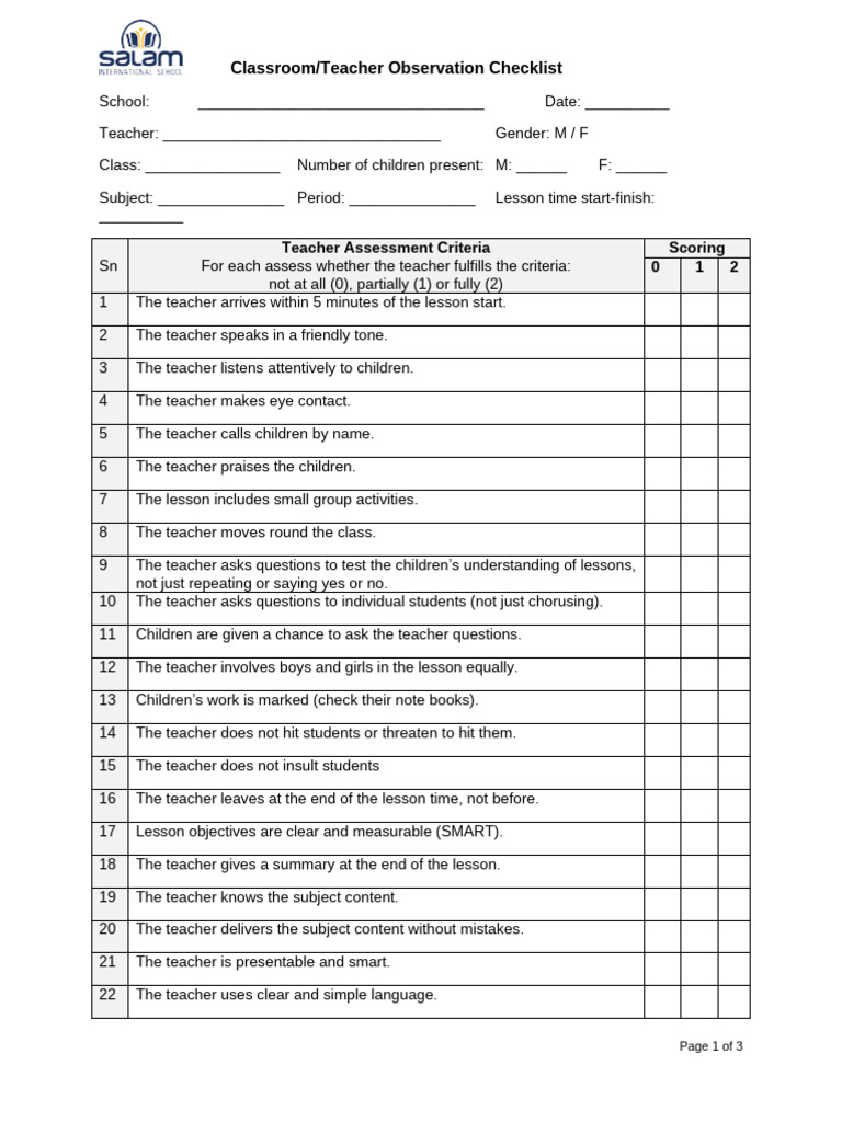 Sc Eie Classroom and Teacher Observation Checklist | PDF | Teachers ...
