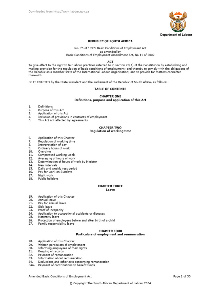 Basic Conditions of Employment Act No. 75 of 1997 Amended | PDF | Chess ...