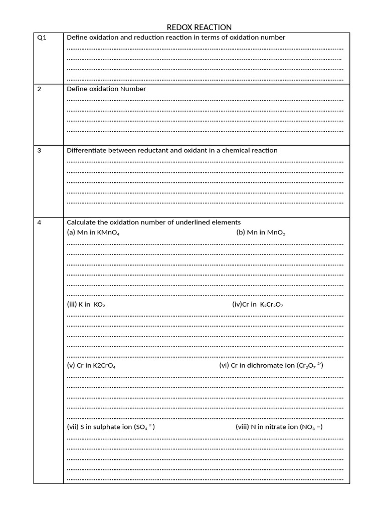 Worksheet Redox Reaction | PDF | Chemical Substances | Chemistry