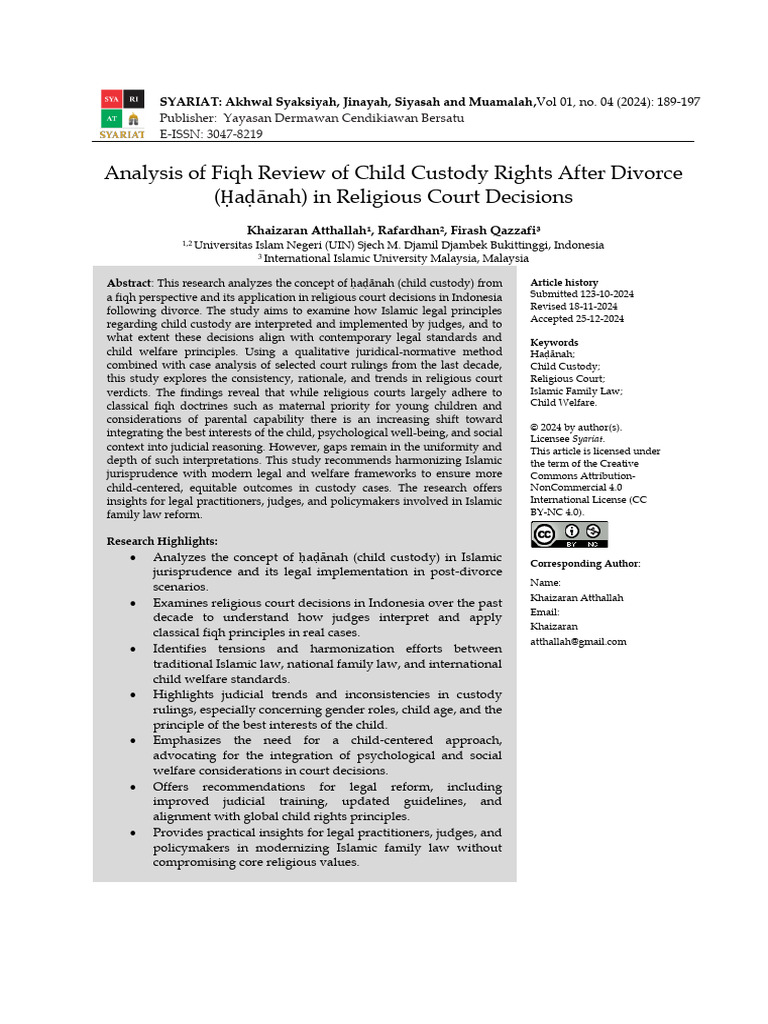 Analysis of Fiqh Review of Child Custody Rights After Divorce ( A Ānah ...