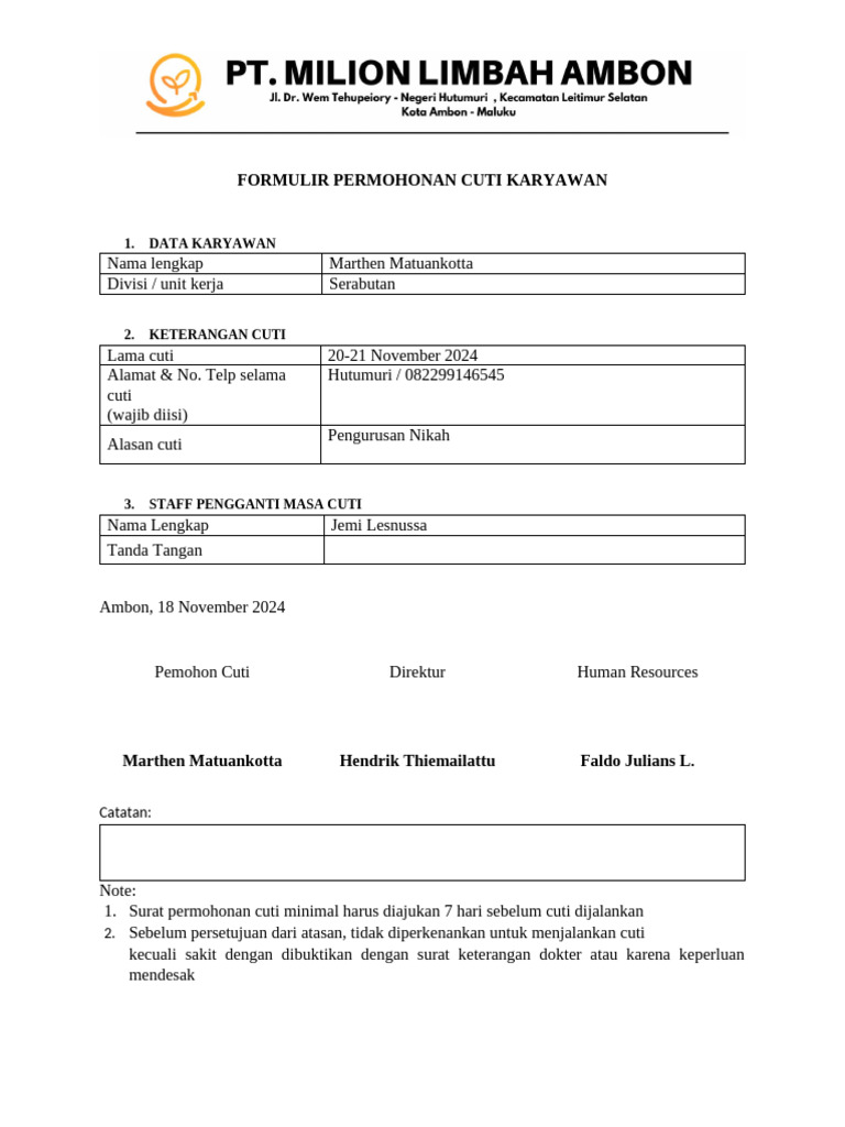 Form Cuti Karyawan & Staff | PDF