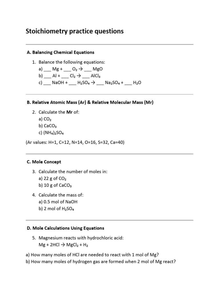 Stoichiometry Practice Questions 2 | PDF