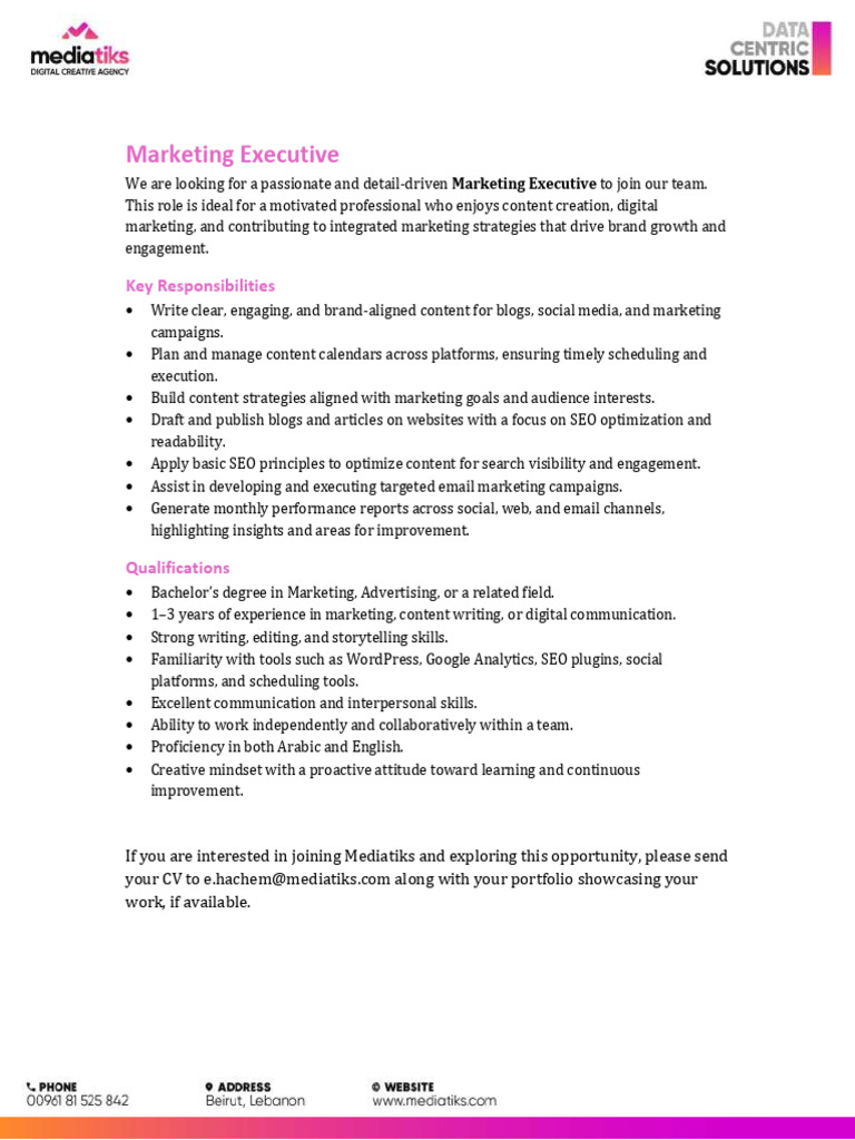 Marketing Executive Job Description | PDF