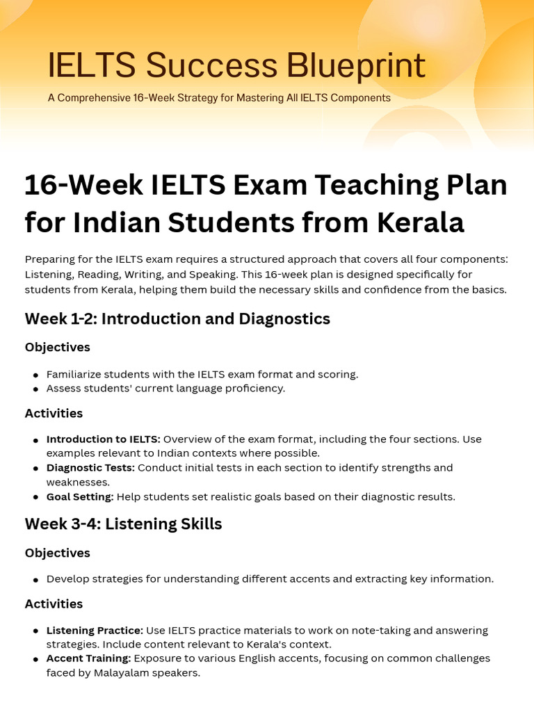 16-Week IELTS Exam Teaching Plan for Indian Students from Kerala | PDF ...