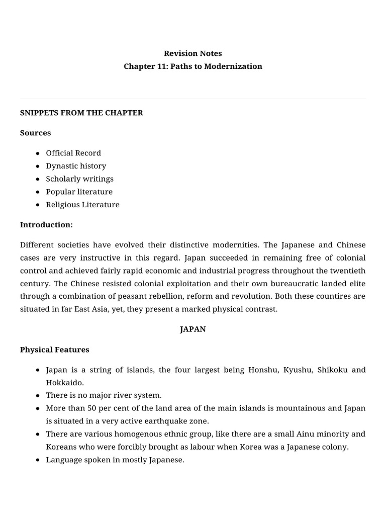 CBSE Notes Class 11 History Chapter 11 Paths To Modernization | PDF ...