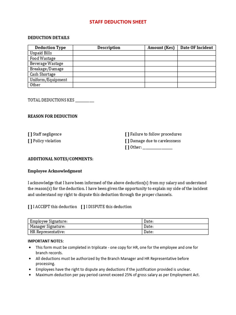 Staff Deduction Sheet | PDF