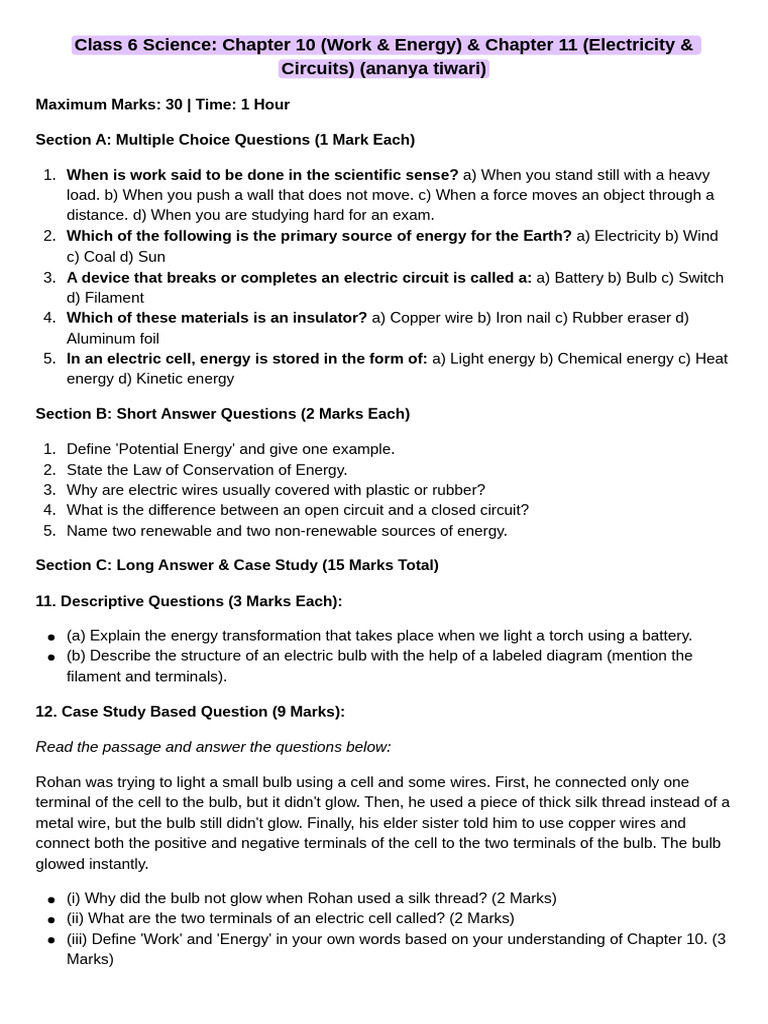 Class 6 Science Chapter 10 (Work & Energy) & Chapter 11 (Electricity ...