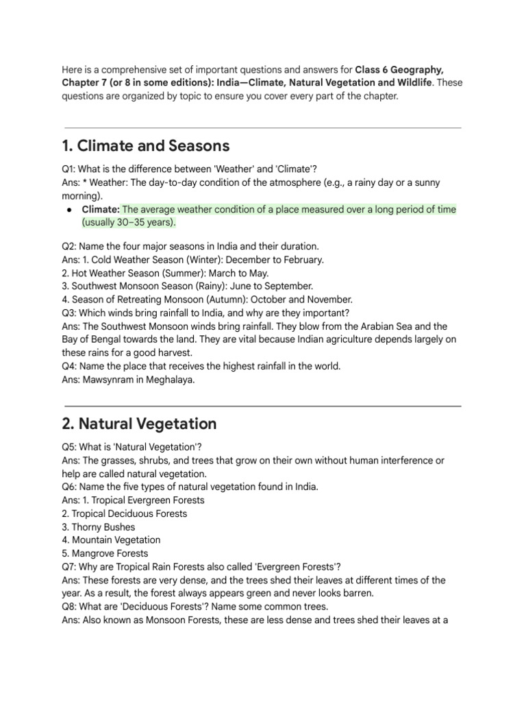 Class 6 Geography Chapter Questions | PDF | Forests | Rain