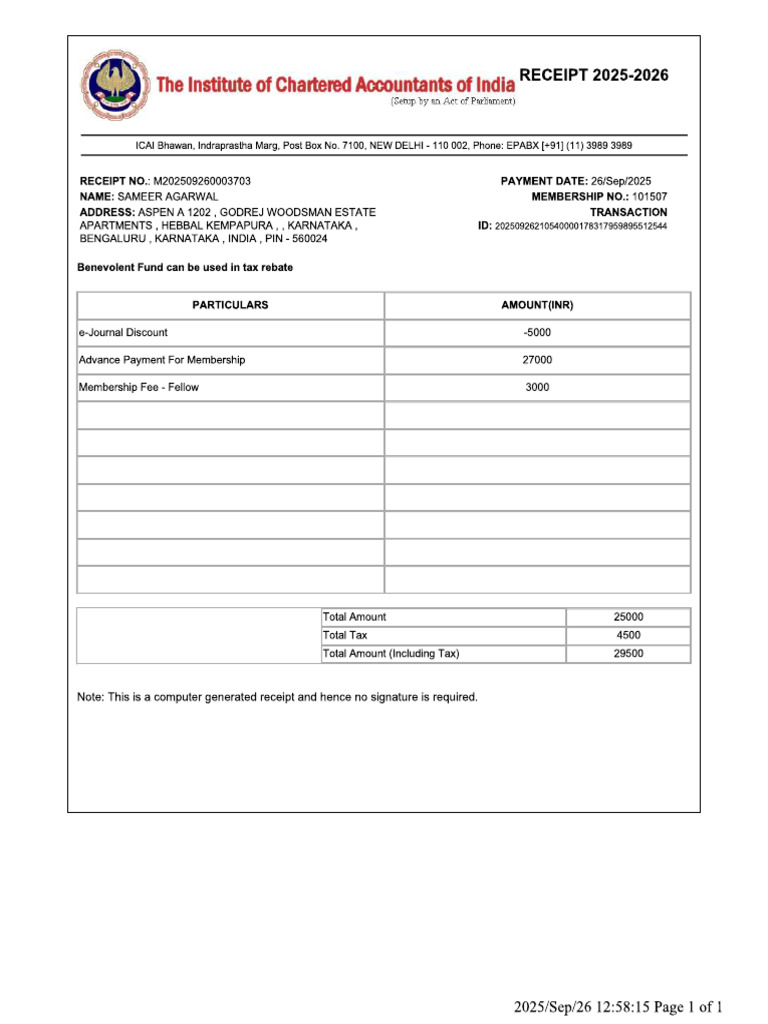 CA Membership Fees - 2025-26 | PDF