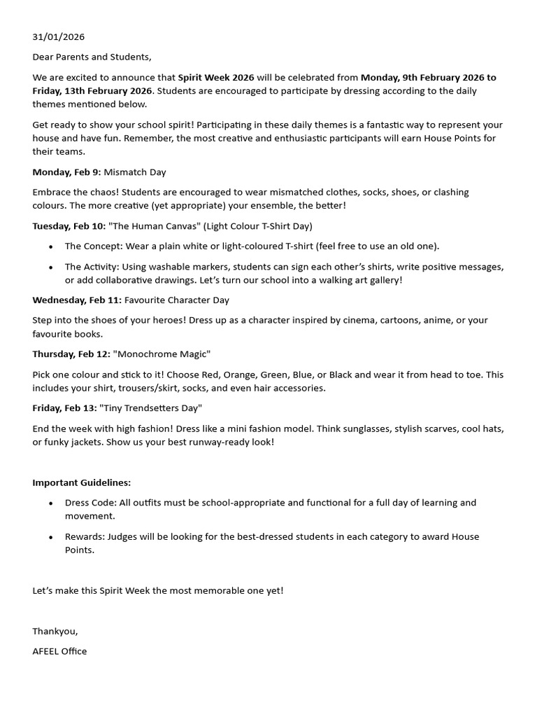 Primary Spirit Week Letter Term 2 | PDF | Vêtements | Mode