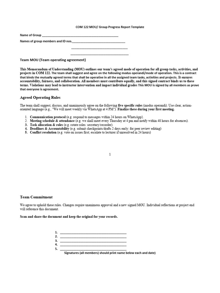 Com 122 Mou & Group Progress Report Template | PDF | Memorandum Of ...