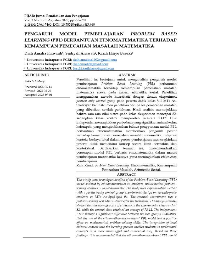 Pengaruh Model Pembelajaran Problem Based Learning (PBL) Berbantuan ...