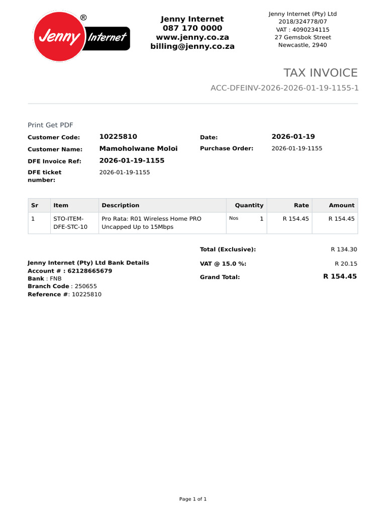 Jenny Pro Rata Invoice | PDF