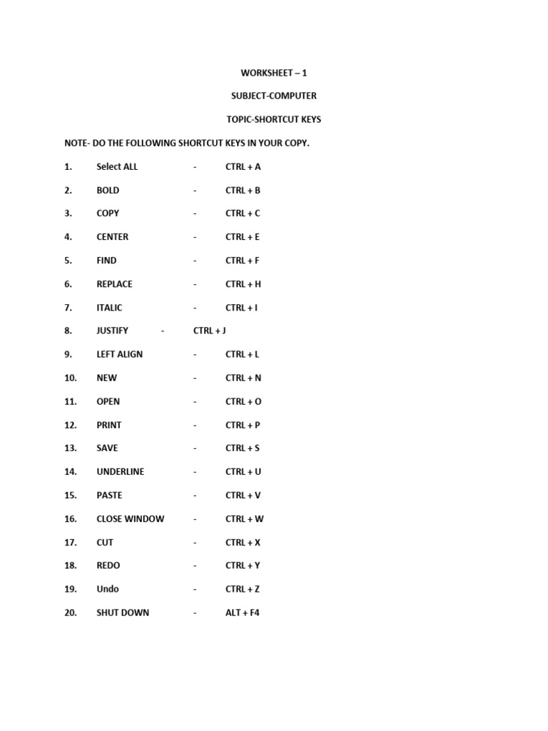 Worksheet 1 (Shortcut Keys) | PDF