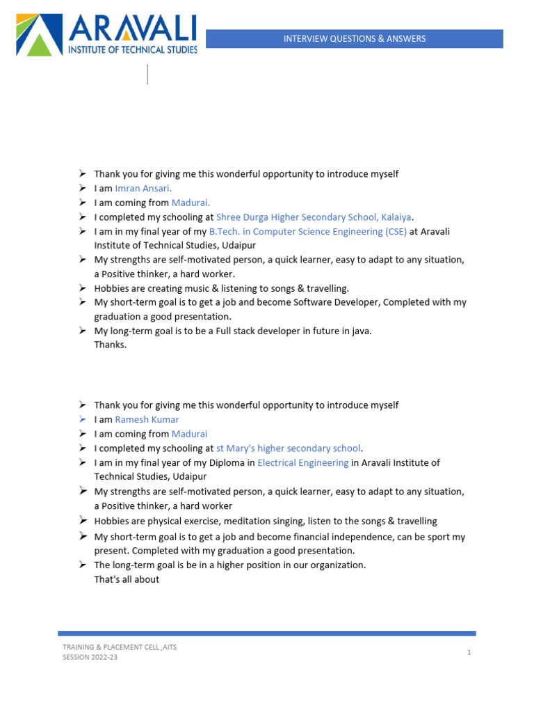 Q.1 Tell me about Yourself | PDF