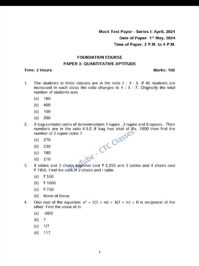 Maths MTP Series 1 Paper CTC Classes | PDF