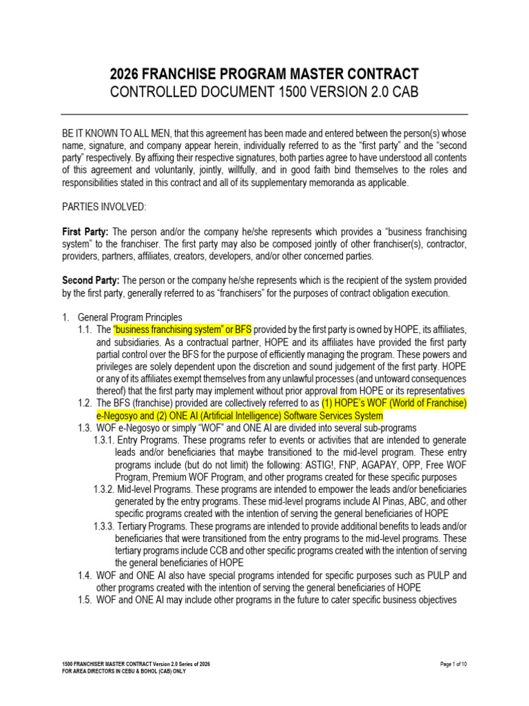 1500 WOF Contract 2026 v2 CAB | PDF | Breach Of Contract | Fiduciary