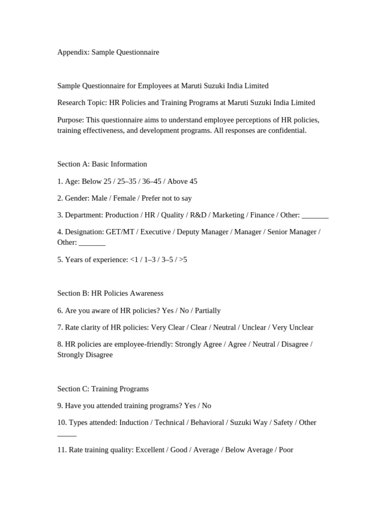 Sample Questionnaire MSIL | PDF