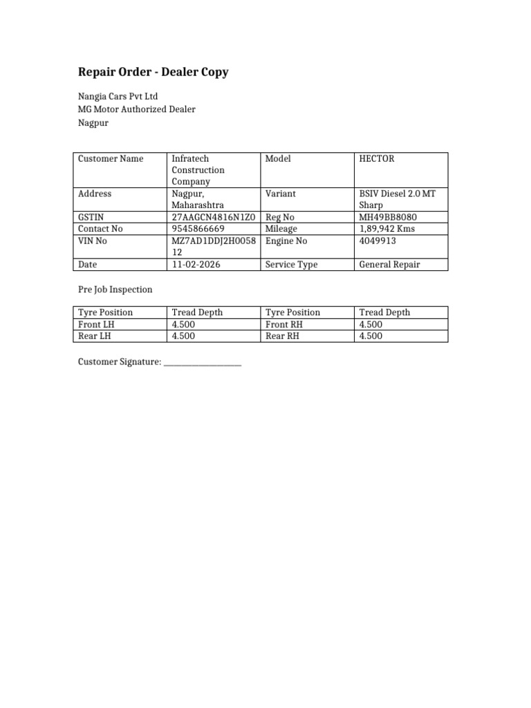 Repair Order Same Format | PDF