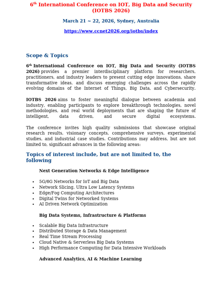 6th International Conference On IOT, Big Data and Security (IOTBS 2026 ...