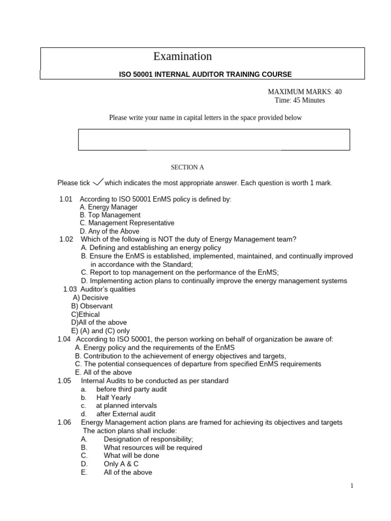 ISO 50 K Question Paper | PDF | Audit | Internal Audit