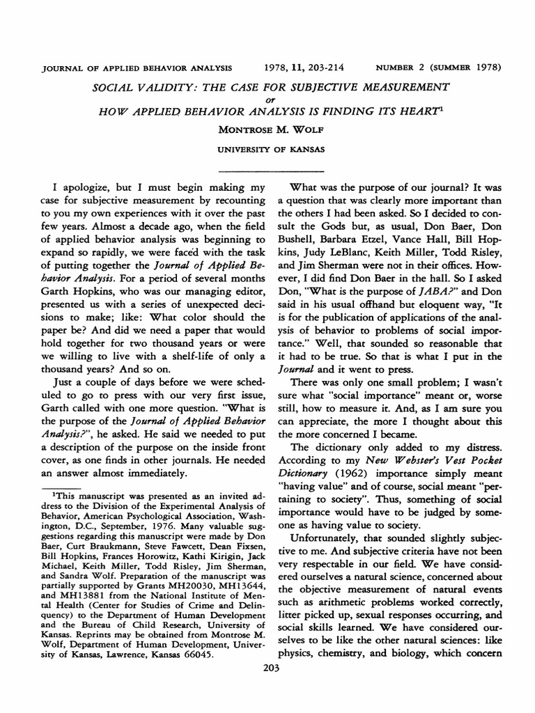 SOCIAL VALIDITY- THE CASE FOR SUBJECTIVE MEASUREMENT or HOW APPLIED ...