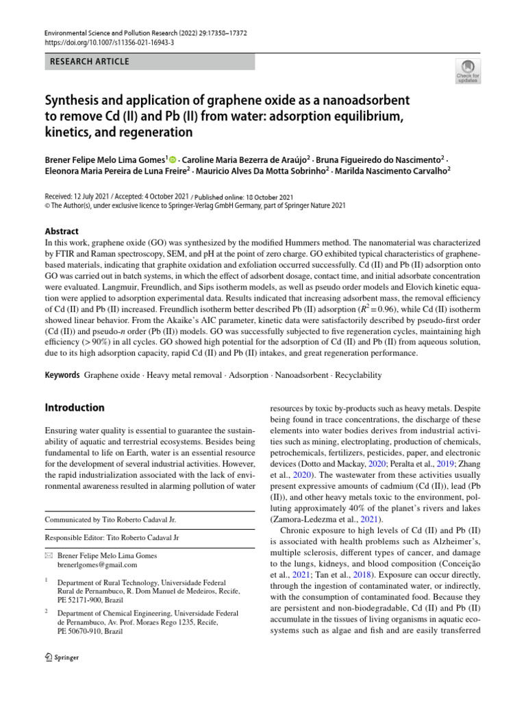 Synthesis and Application of Graphene Oxide as a Nanoadsorbent | PDF ...