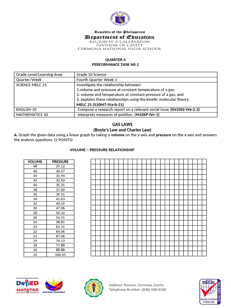 q4 Performance Task 1 Gas Law | PDF | Gases | Temperature