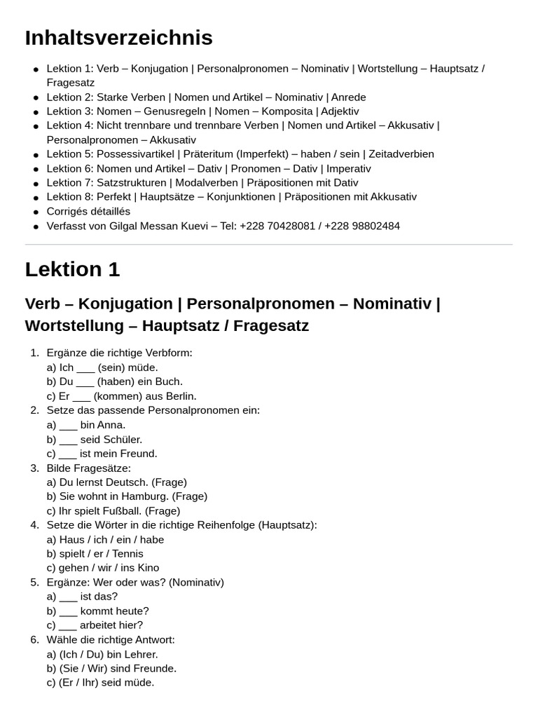 Übungen Grammatik A1 | PDF
