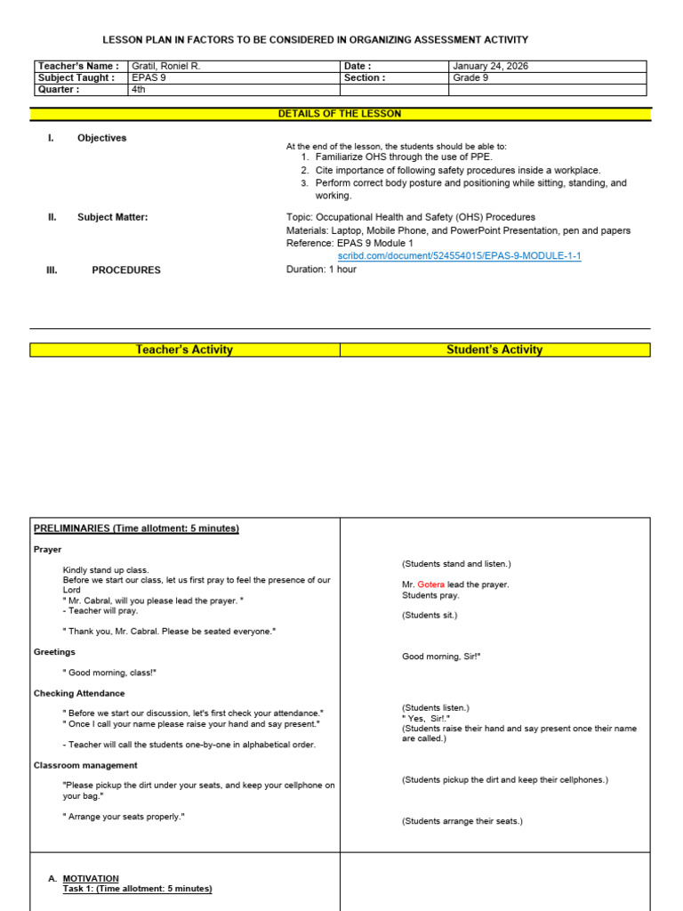 GRATIL - 4a's Detailed Lesson Plan OHS 2 | PDF | Occupational Safety ...