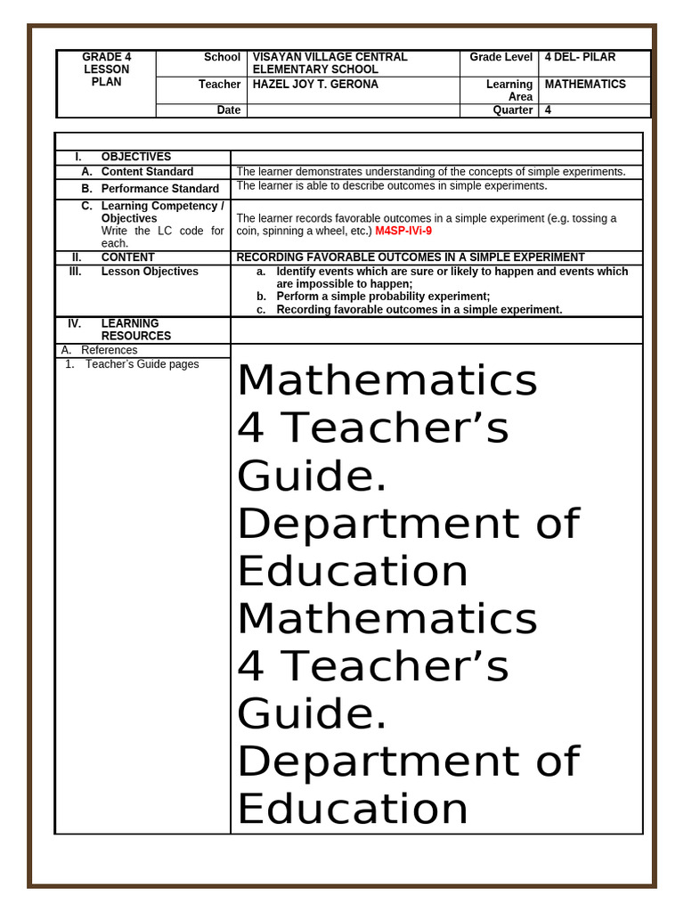 4th Lesson Plan - Math - Grade 4 | PDF | Probability | Sleeping Beauty