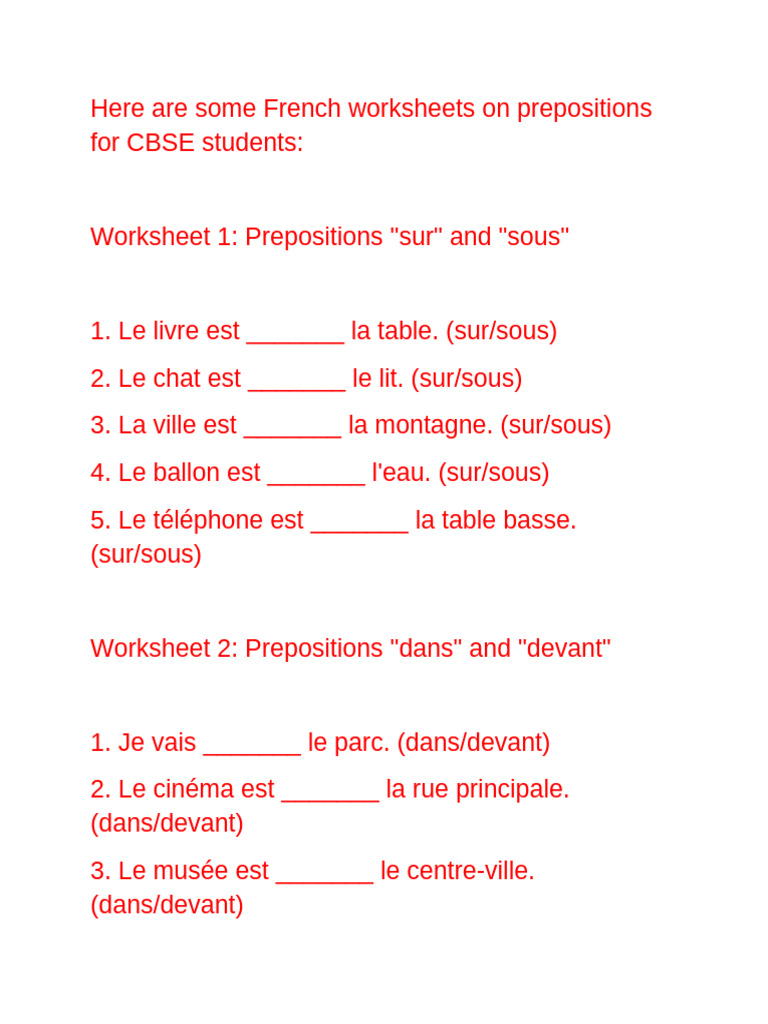 Worksheets of French | PDF