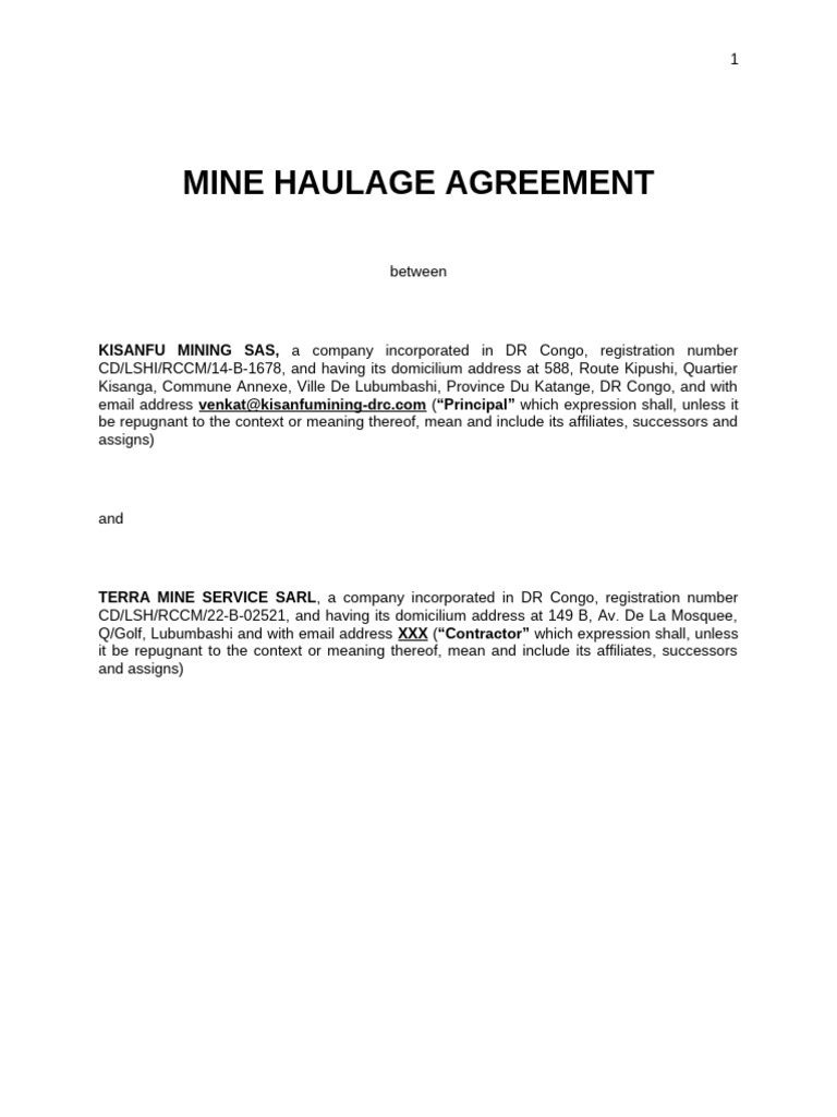 Kimin Terra - Mine Haulage Agreement Clean | PDF | Indemnity | Legal ...