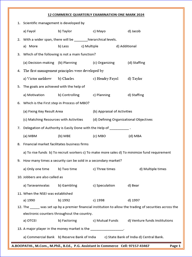 12th Commerce Quarterly Exam 1 Mark Question Paper English Medium PDF ...