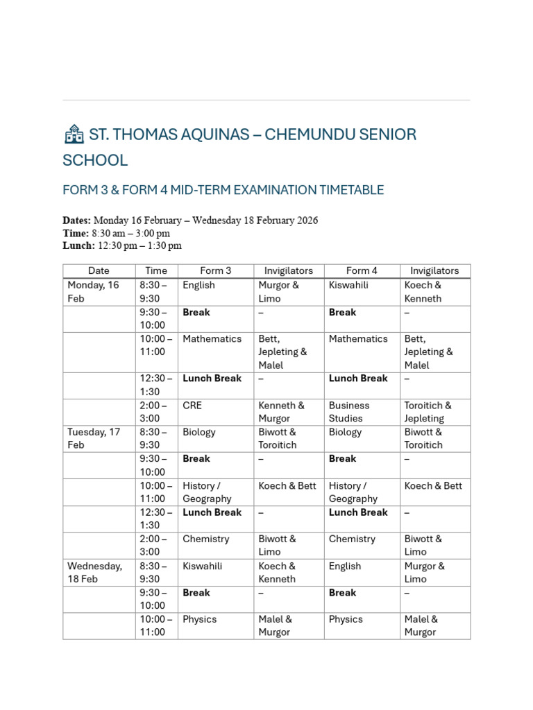 Mid Term Examinations Timetable | PDF